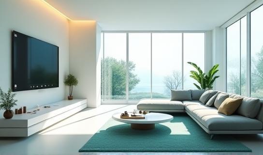 Futuristic minimalist living room with smart devices in use